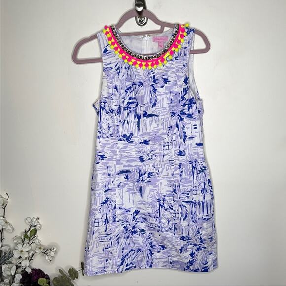 LILLY PULITZER Mila Shift Tiki Dress Rock The Dock Pom Pom Purple {T50} - Picture 2 of 6